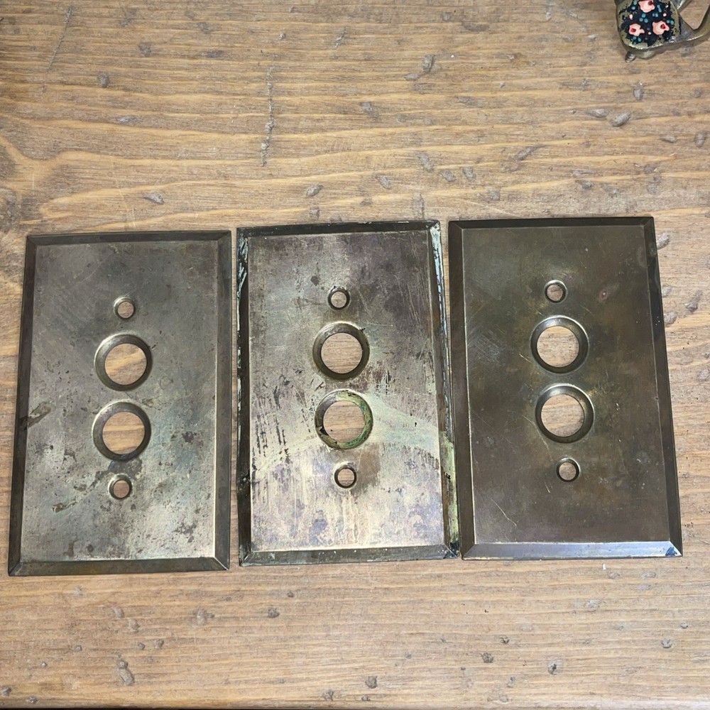 3 Vtg Antique Brass Push Button Switch Plate Box Cover