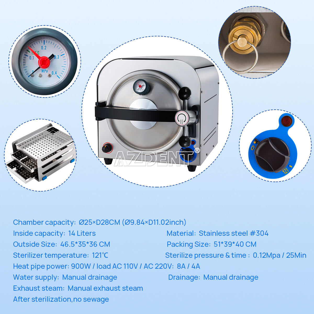 14L Esterilizador de Autoclave de Vapor Dental Equipo de Lab de Esterilización