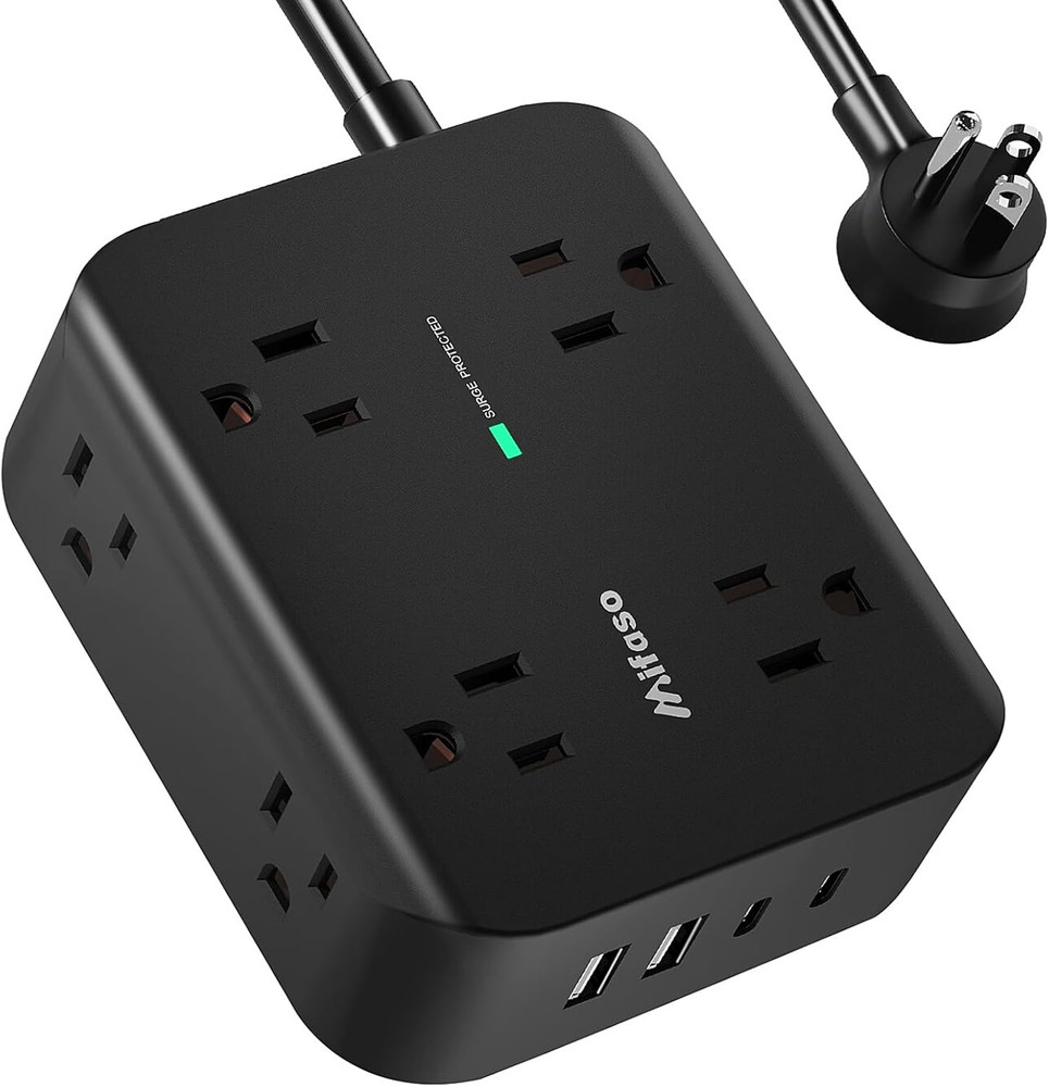 Power Strip Surge Protector 8 Outlets 4 USB Flat Plug 5Ft Cord