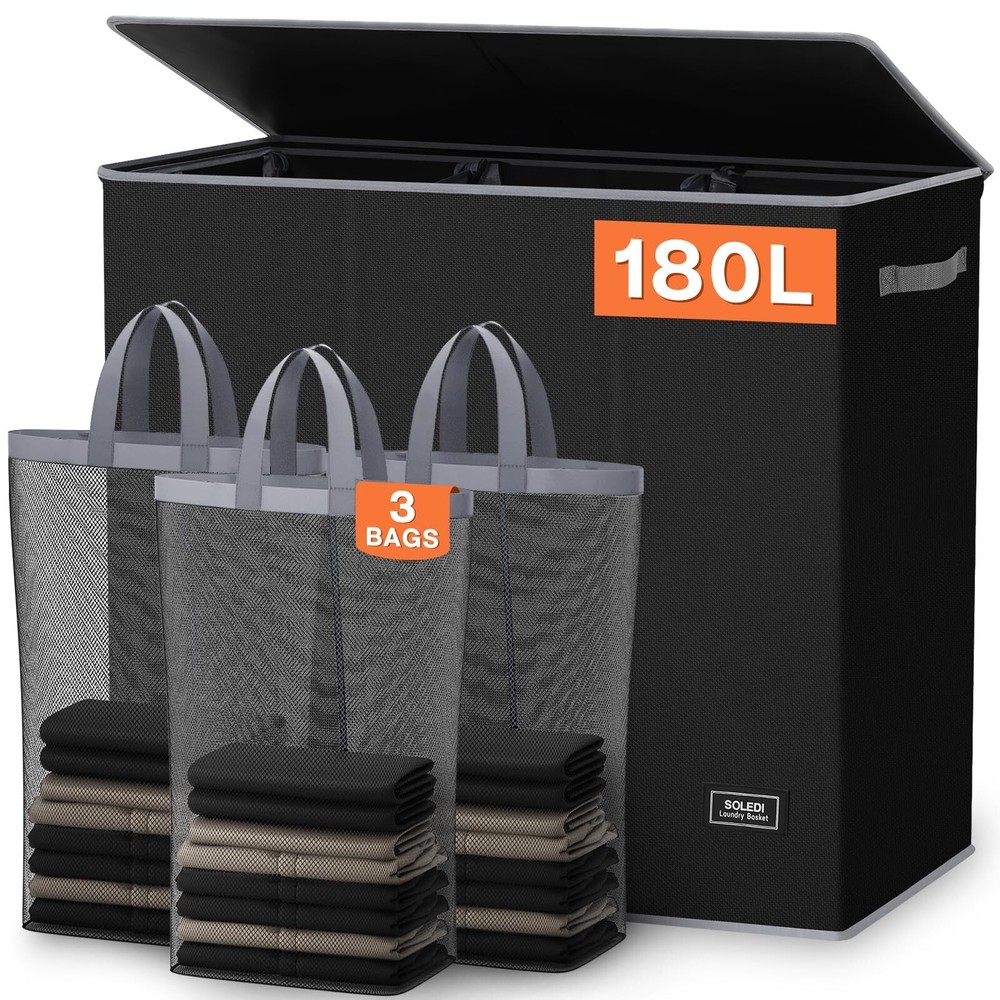 SOLEDI 180L Laundry Hamper 3 Section, Extra Large Laundry Hamper with Lid, Di...