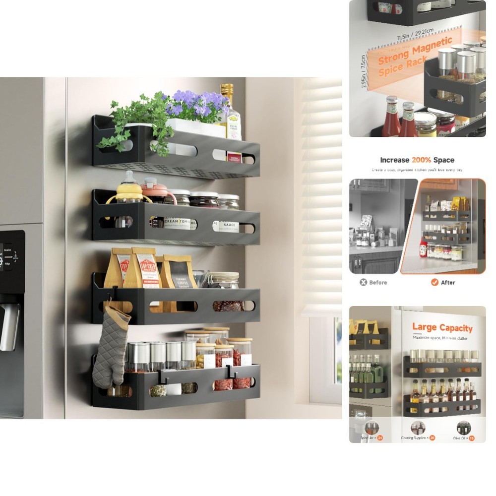 4 Pack Magnetic Spice Rack & Hooks - Ultimate Kitchen & Bathroom Organization