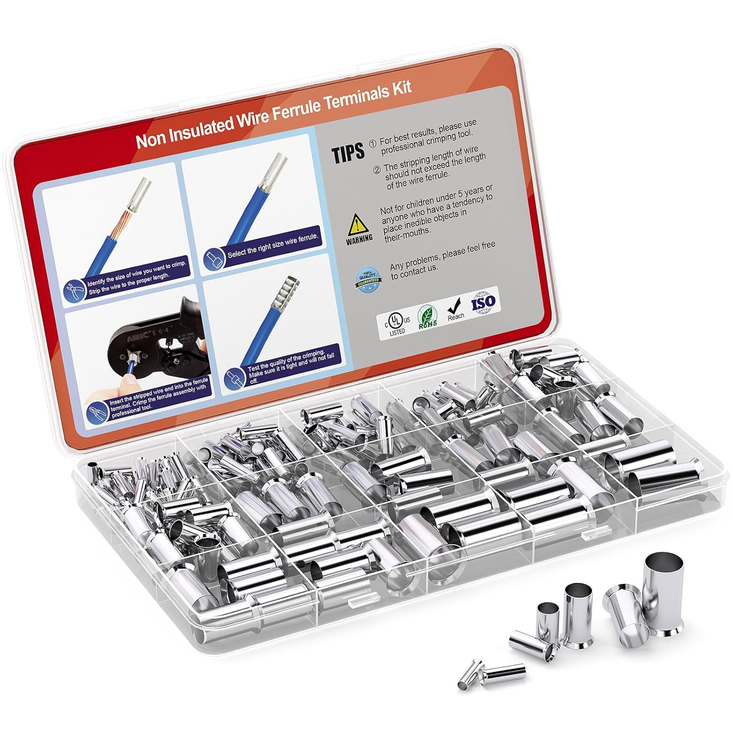 168 Pcs Wire Ferrules Kit 12-1/0 Gauge Tinned Crimp Copper Ferrule Connectors