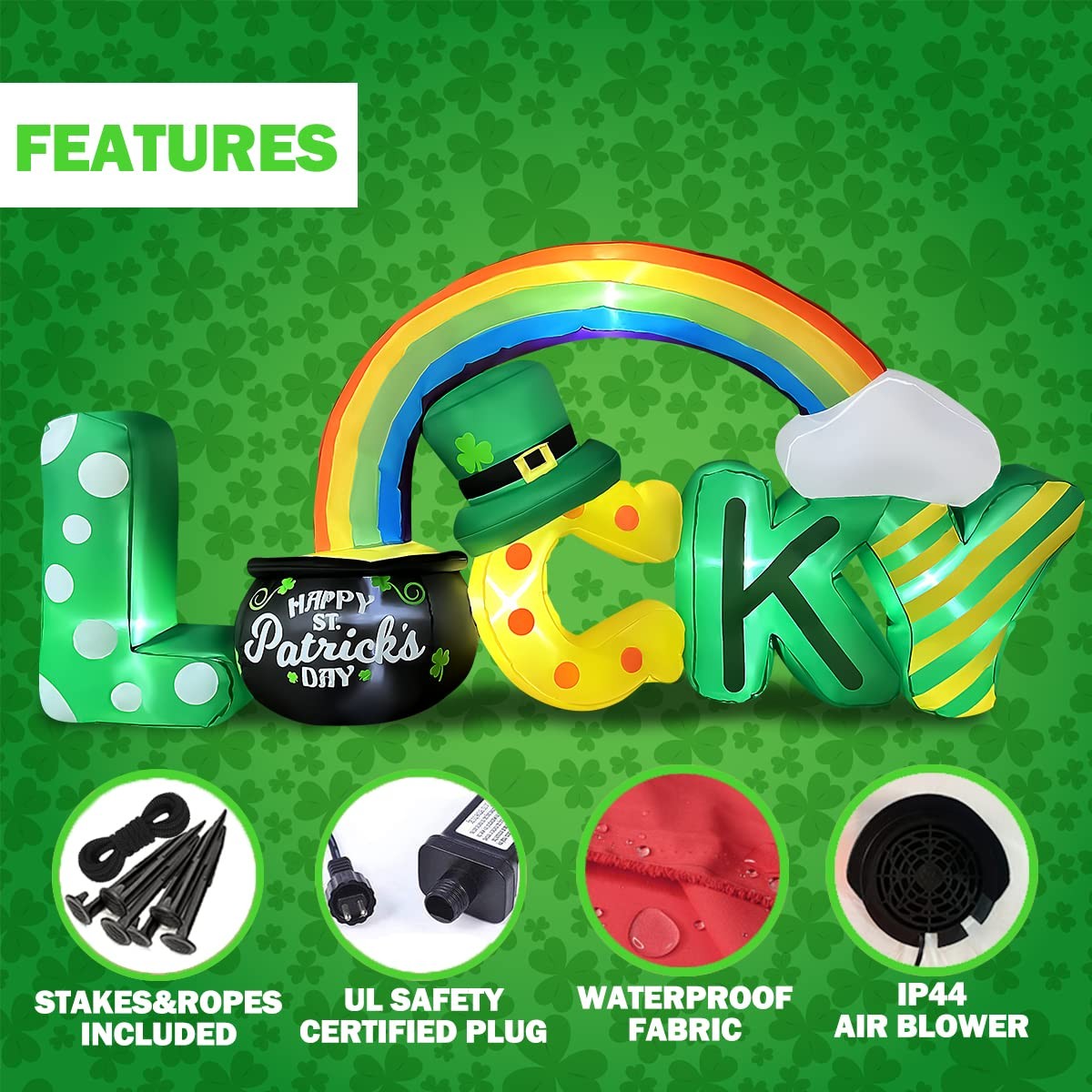 6.5 Ft Long St Patricks Day Inflatables Lucky Letters with Gold Pot and Rainb...