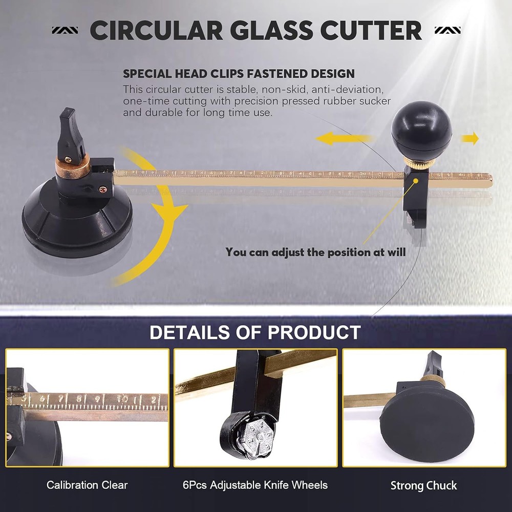 9 Pcs Glass Cutting Tool Set Kit Includes Adjustable Circular Cutter,...