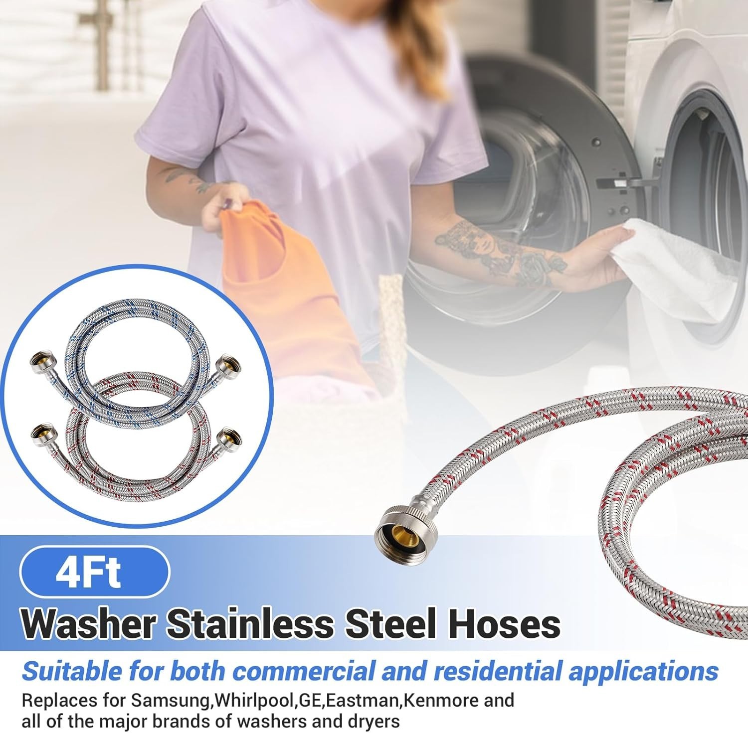 4 Ft Washing Machine Hoses, 2 Packs Premium Stainless Steel Washer Hoses Burst
