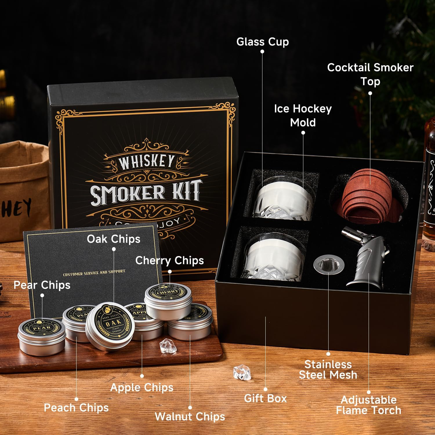 Whiskey Smoker Kit with Torch - 6 Flavors Wood Chips, 2 Glasses, 2 Ice Ball Mold