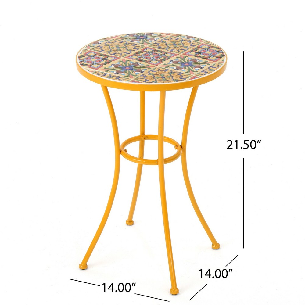 Brienne Outdoor Yellow Ceramic Tile Side Table with Iron Frame