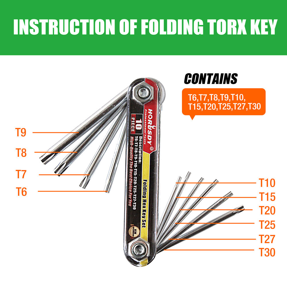 10 PC Tamper Proof Star Key Set Folding Locking Torx security screwdriver T6-T30