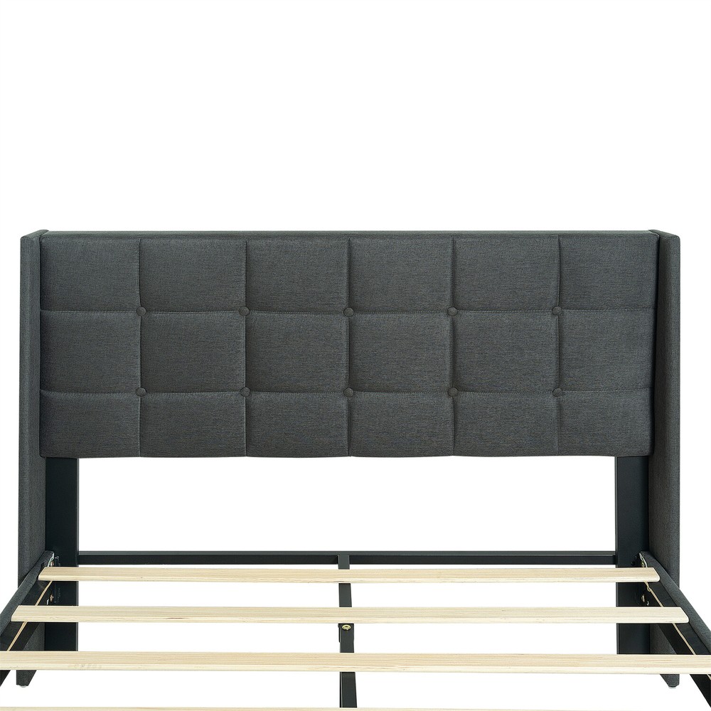 Queen Size Bed Frame Upholstered Platform Bed Frame w/ Headboard Drak Grey New