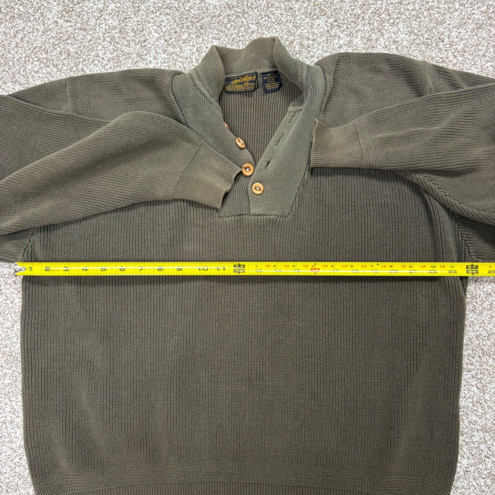 Vintage Eddie Bauer Henley Sweater Mens XL Olive Green Ribbed Cotton Mock Neck