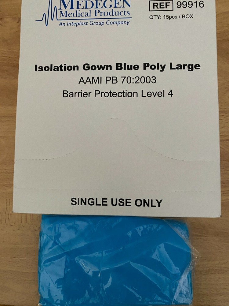 Isolation Gown Disposable Blue Poly Large 4 pcs