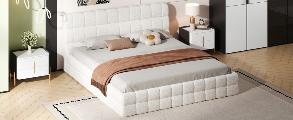 King Size Upholstered Platform Bed, White