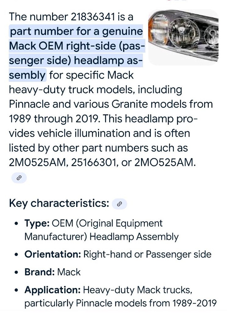 Mack OEM Right Side Passenger Headlight Headlamp Assembly