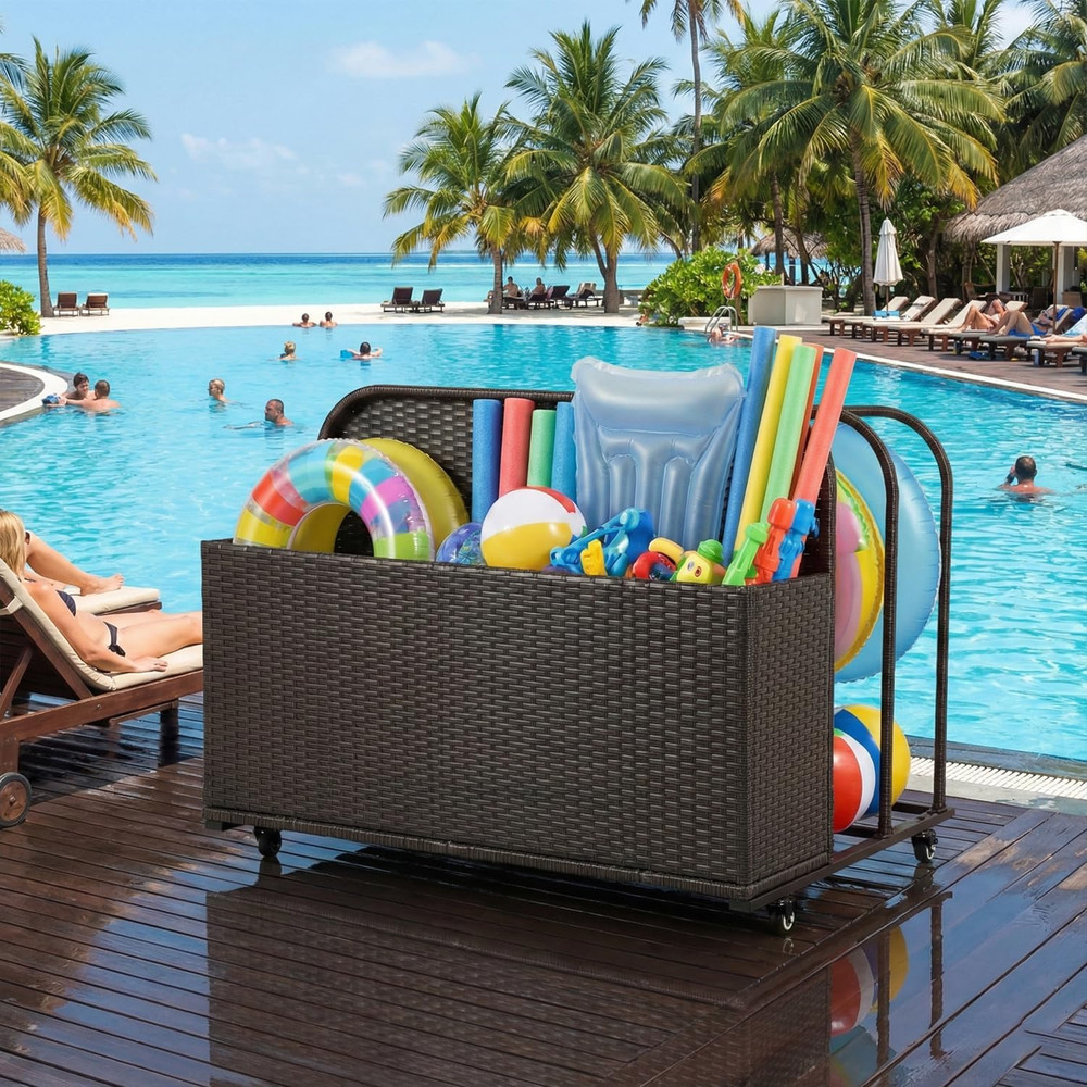 Pool Float Storage Poolside Storage Bin Holder Storage Rack with Wheels PE Ratta