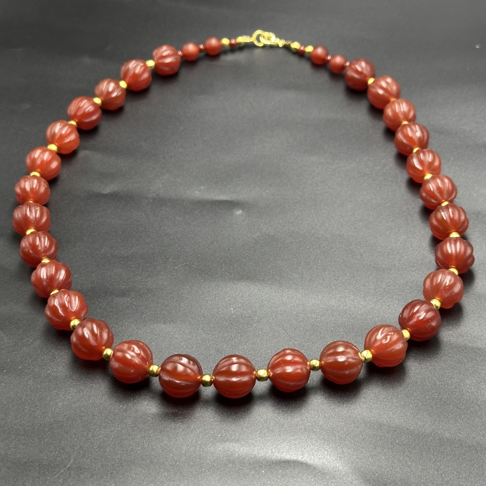 Vintage Himalayan Tibetan Carnelian Carved Agate Melon Shape Beads Necklace