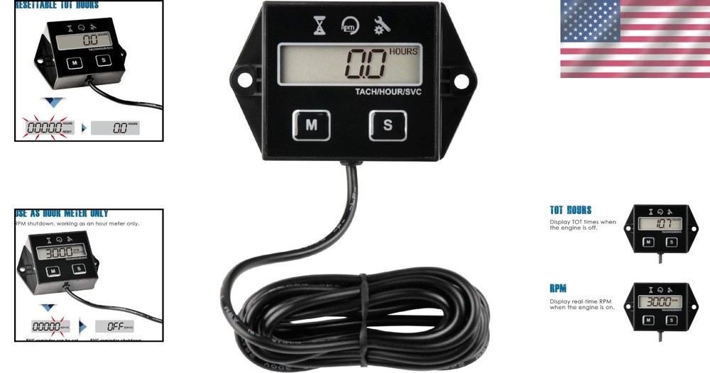Small Engine Hour Meter - RPM Display, Maintenance Reminder