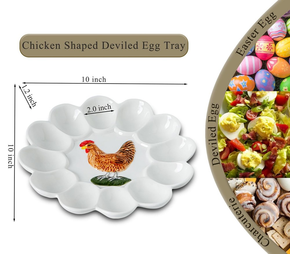 dgudgu Ceramic Deviled Egg Platter White Deviled Egg Tray With Chicken Patter...