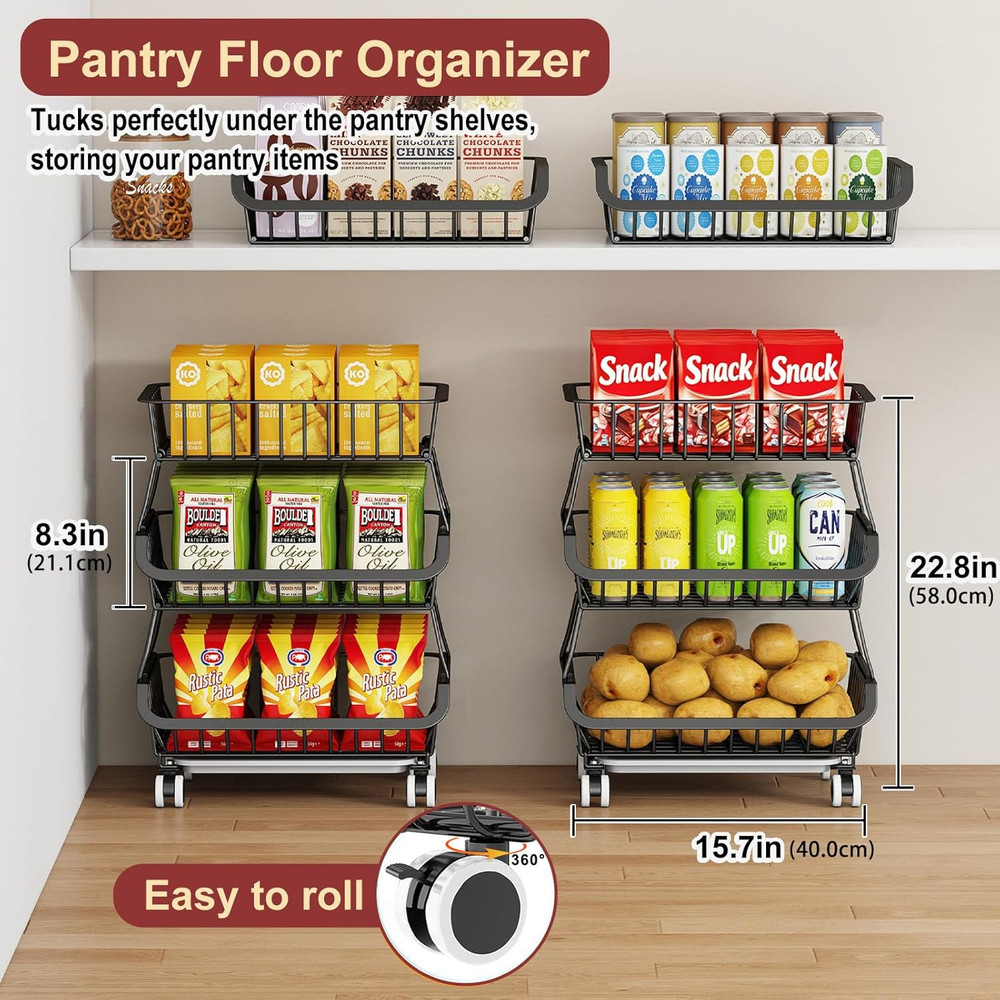 3-Tier Rolling Pantry Cart, Stackable Wire Storage Floor Organize Vegetable Rack