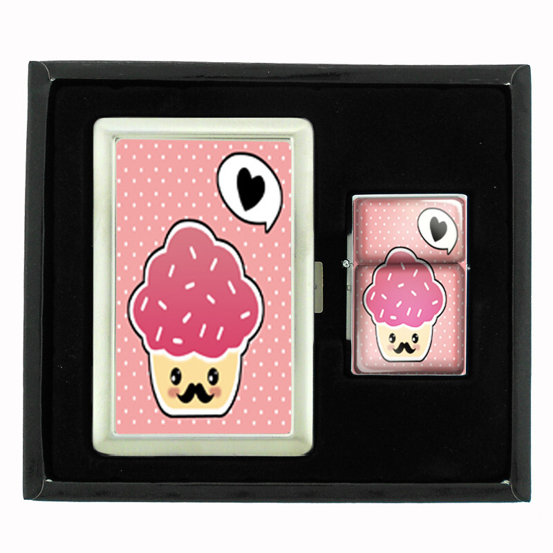 CUTE MUSTACHE D8 CIGARETTE CASE / WALLET & LIGHTER GIFT SET