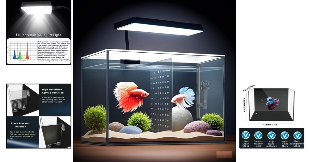 Multi-Functional 3 Gallon Rectangular Aquarium with LED Light & Betta Separator