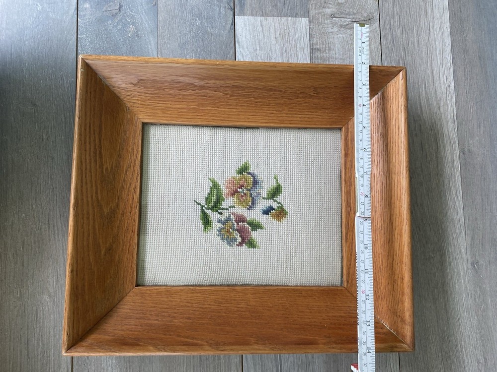 Vintage Needlepoint Canvas Flower Wooden Framed