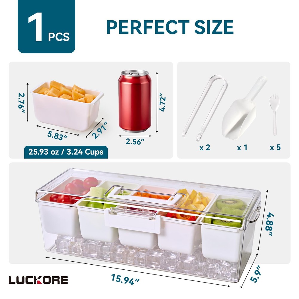 Luckore Chilled Condiment Caddy Server with 5 Removable 1 Pack, Clear, White