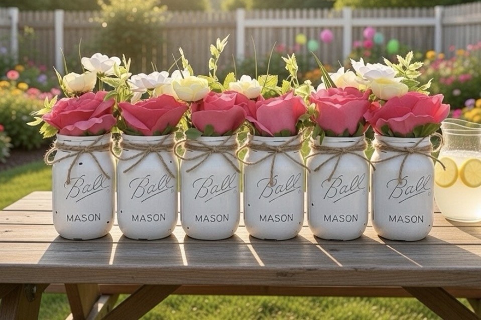 Set of 6 chalk painted distressed mason jar vases w/faux flowers included