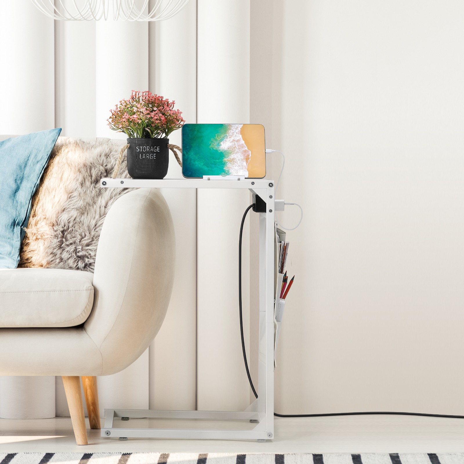 Set of 2 C Shaped End Table with Charging Station Storage Bag Couch Side Tables