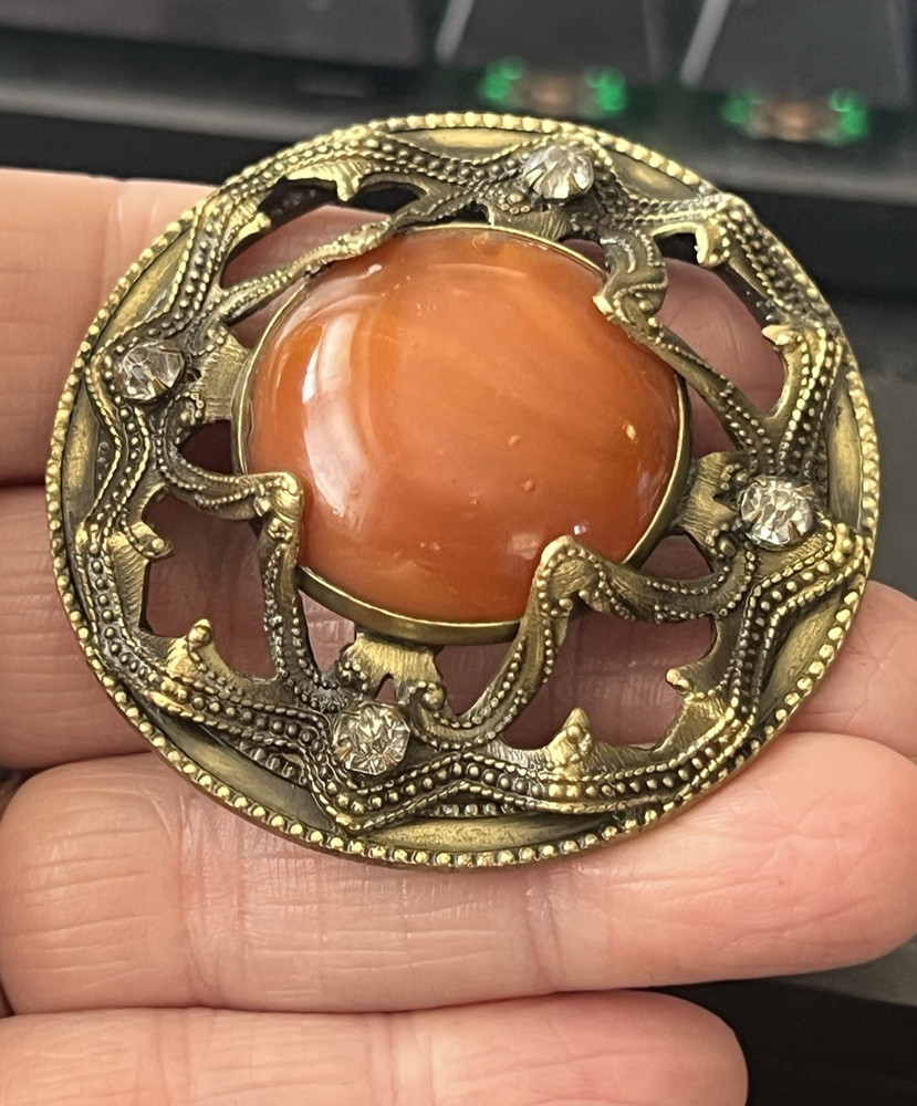 Antique Ornate Large 2" Brass & Orange Stone Agate Paste Button