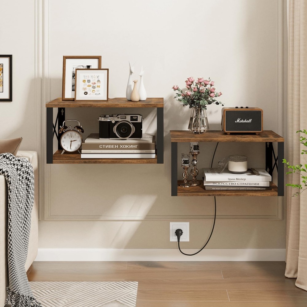 Floating Nightstand, Wood Floating Bedside Table with Cable Hole, 2 Tier Wall...