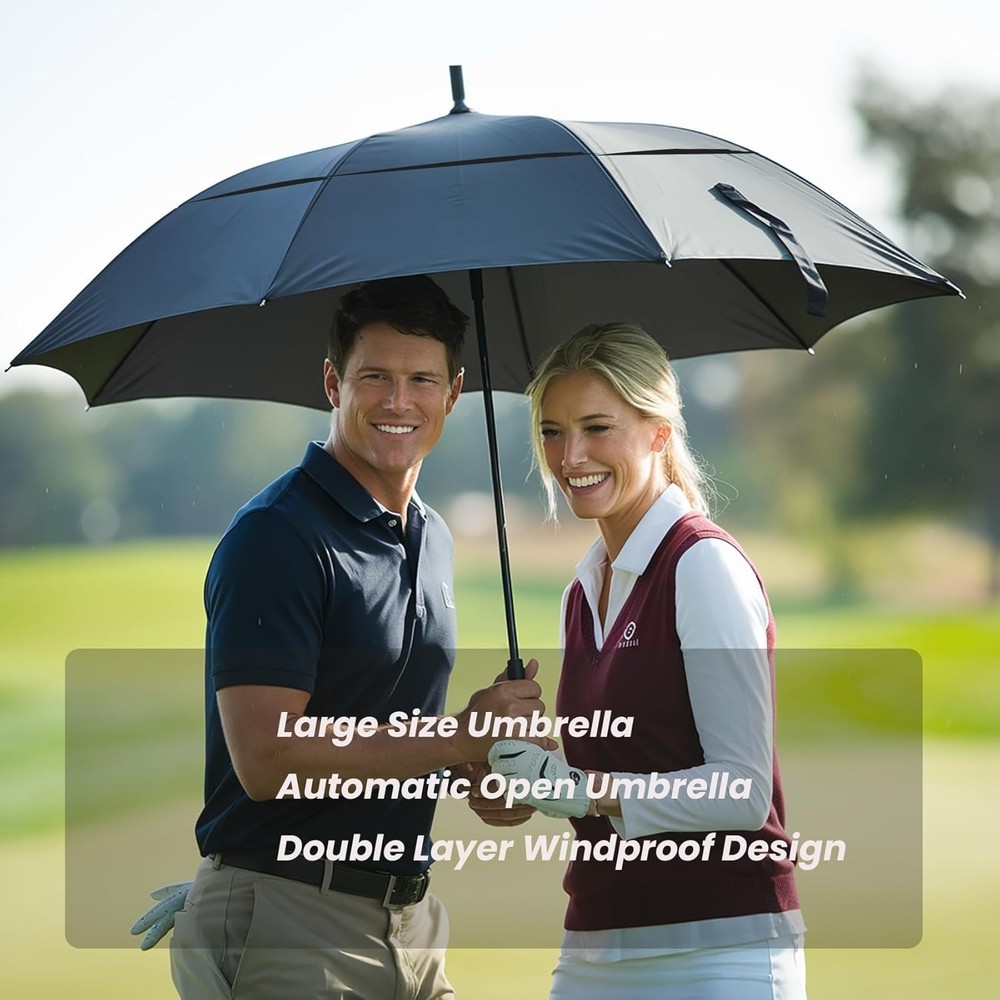 Extra Large Windproof Golf Umbrella - 62 Inch Automatic Open Waterproof Black
