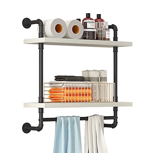 Helsin 24in Industrial Pipe Shelving, 2 Tier Rustic Wood Floating Bathroom