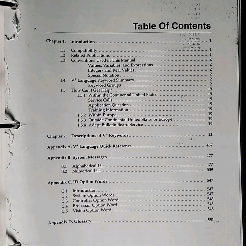 Adept Technology V+ Language Version 11.0 User's Reference Guide Binder 1994 V
