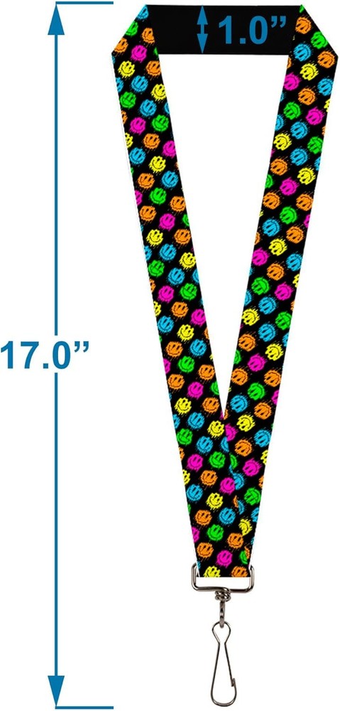Buckle-Down Lanyard, Smiley Faces Melted Mini Repeat Angle Black Multi Neon, Ela