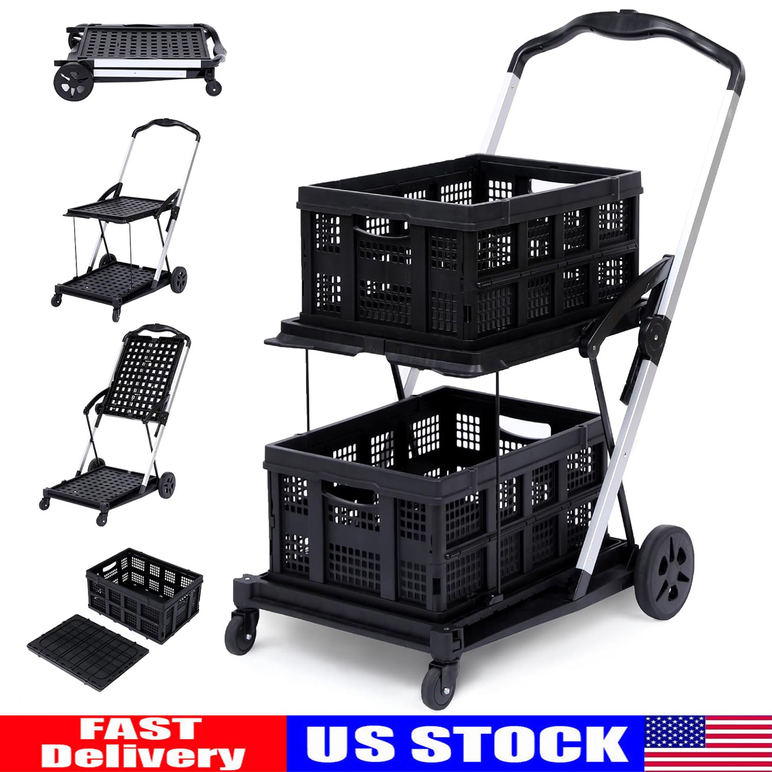 Folding Shopping Cart w/Wheels Collapsible Cart with Storage Crate 2-Layer Black