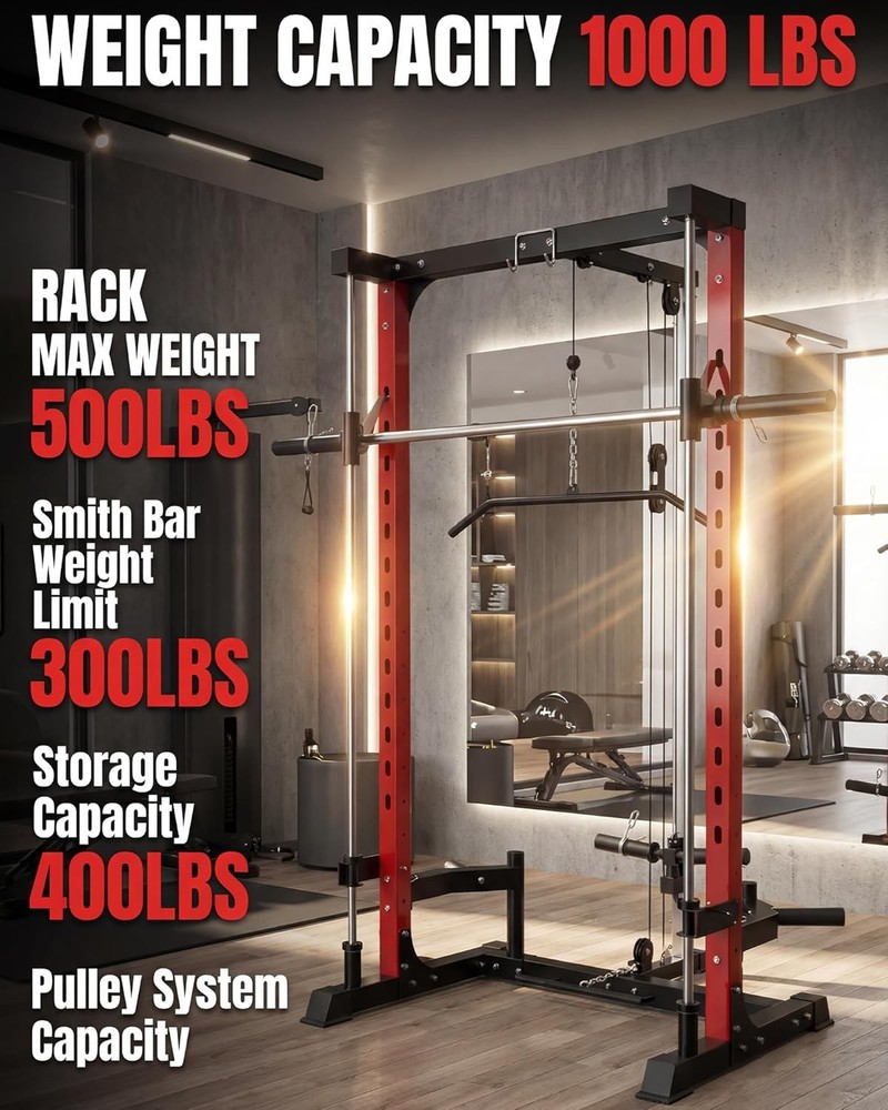 Smith Machine 1000LBS Multi-Functional Home Squat Rack W LAT-Pull Down System