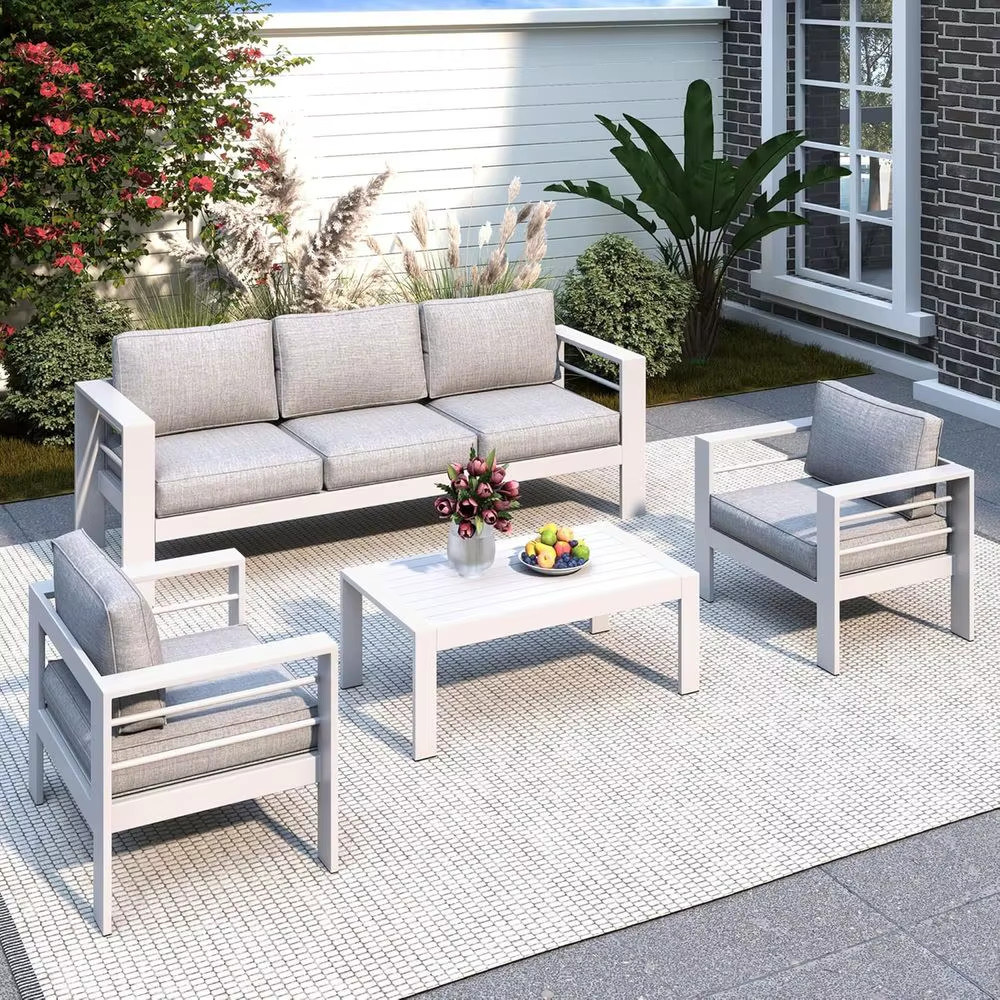 Luxury Oversized Metal Patio Furniture Set Deep Seating Wide Armrests White