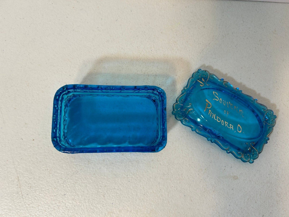 Vintage Blue Glass Trinket Box Souvenir Pandora Ohio