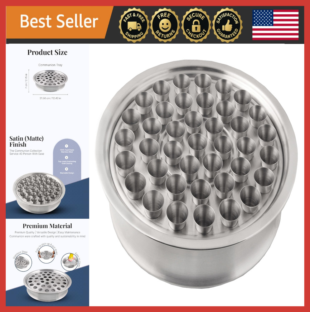Stainless Steel Communion Tray with 40 Cups - Matte Finish Wine Server