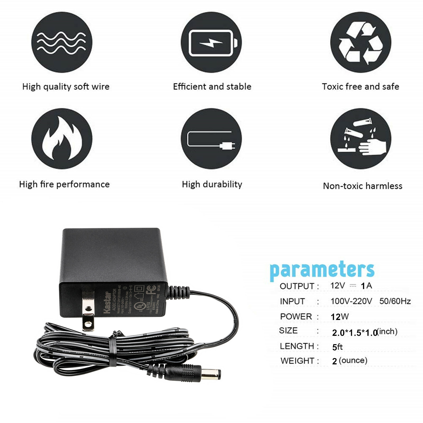 Kastar AC100-240V to DC 12V 1A 5.5 x 2.1 MM Wall Charger Power Supply Adapter