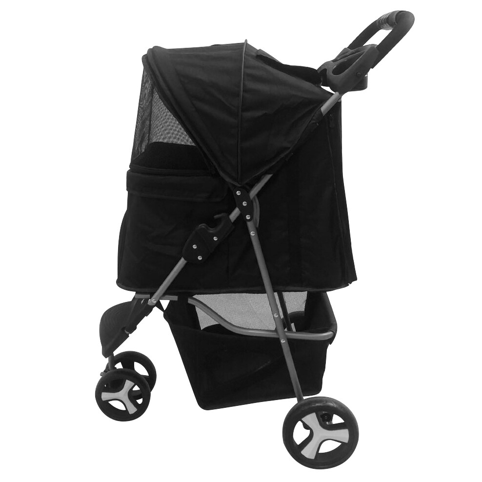 3 Wheels Pet Stroller Foldable Dog Stroller Cart Cat Carrier w/Cup Holder Black
