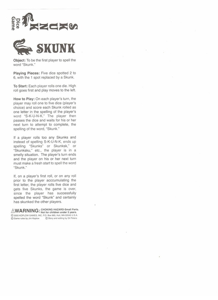 - Skunk Dice Game (5 Dice)