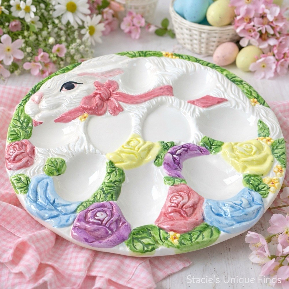 Vintage Ceramic Bunny Deviled Egg Plate Floral Easter Rabbit Platter