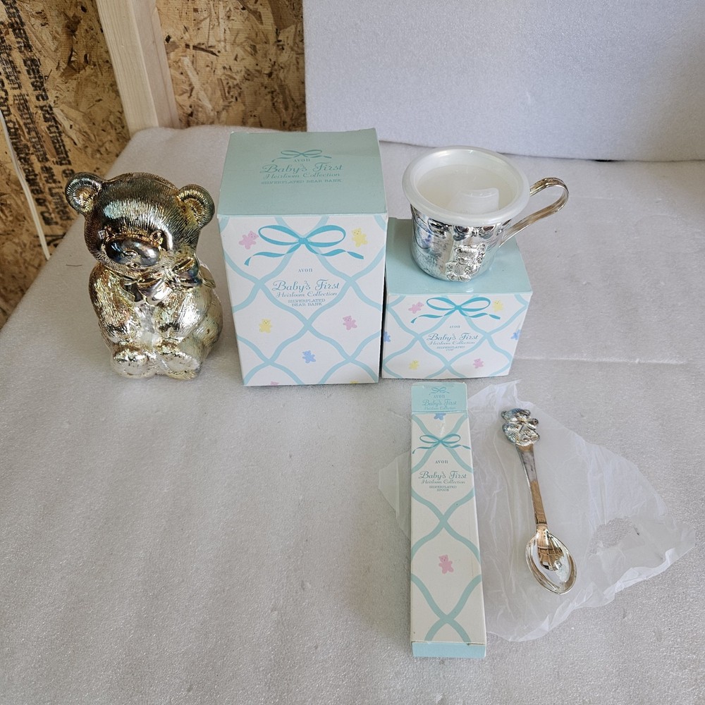 AVON  Baby's First Heirloom Collection Cup, Spoon & Bear Bank Silverplated