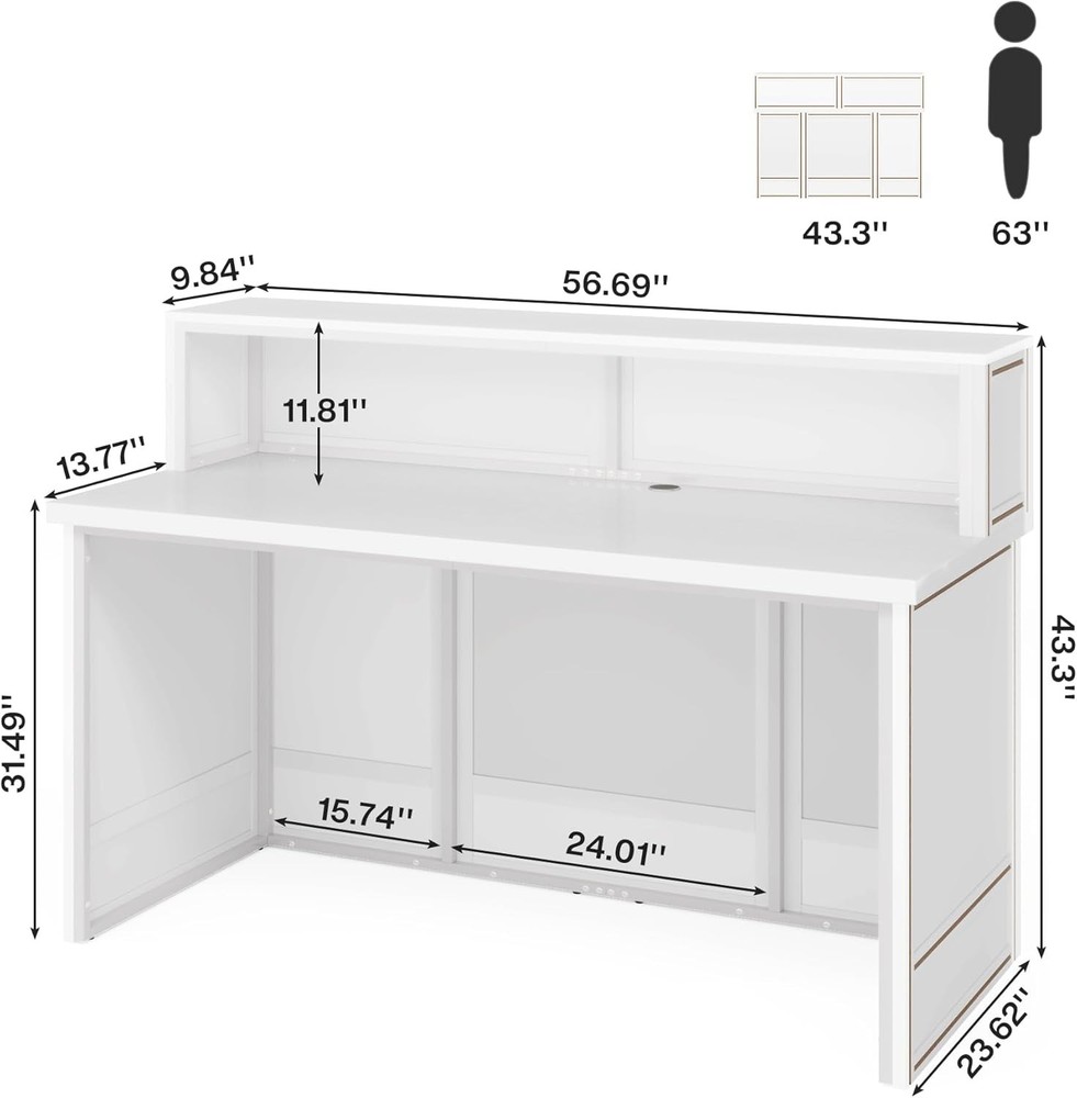 Reception Desk with Counter, 57-Inch Rustic Front Receptionist Table for Office
