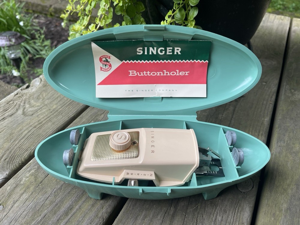 Vintage Singer Sewing Machine Buttonholer Attachment, Accessories Shown & Case