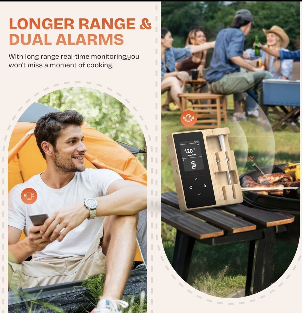 Smart Wireless Meat Thermometer with 2Color-Coded Probes,Standalone Display Base