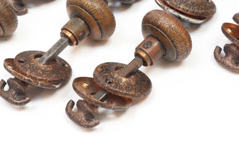 Antique Dexter Brass Textured Mid-Century Door Knobs & Rosettes 1940's Complete