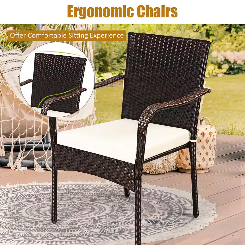 Cushioned Wicker Outdoor Dining Chair Stackable with Cushionguard Beige Cushions