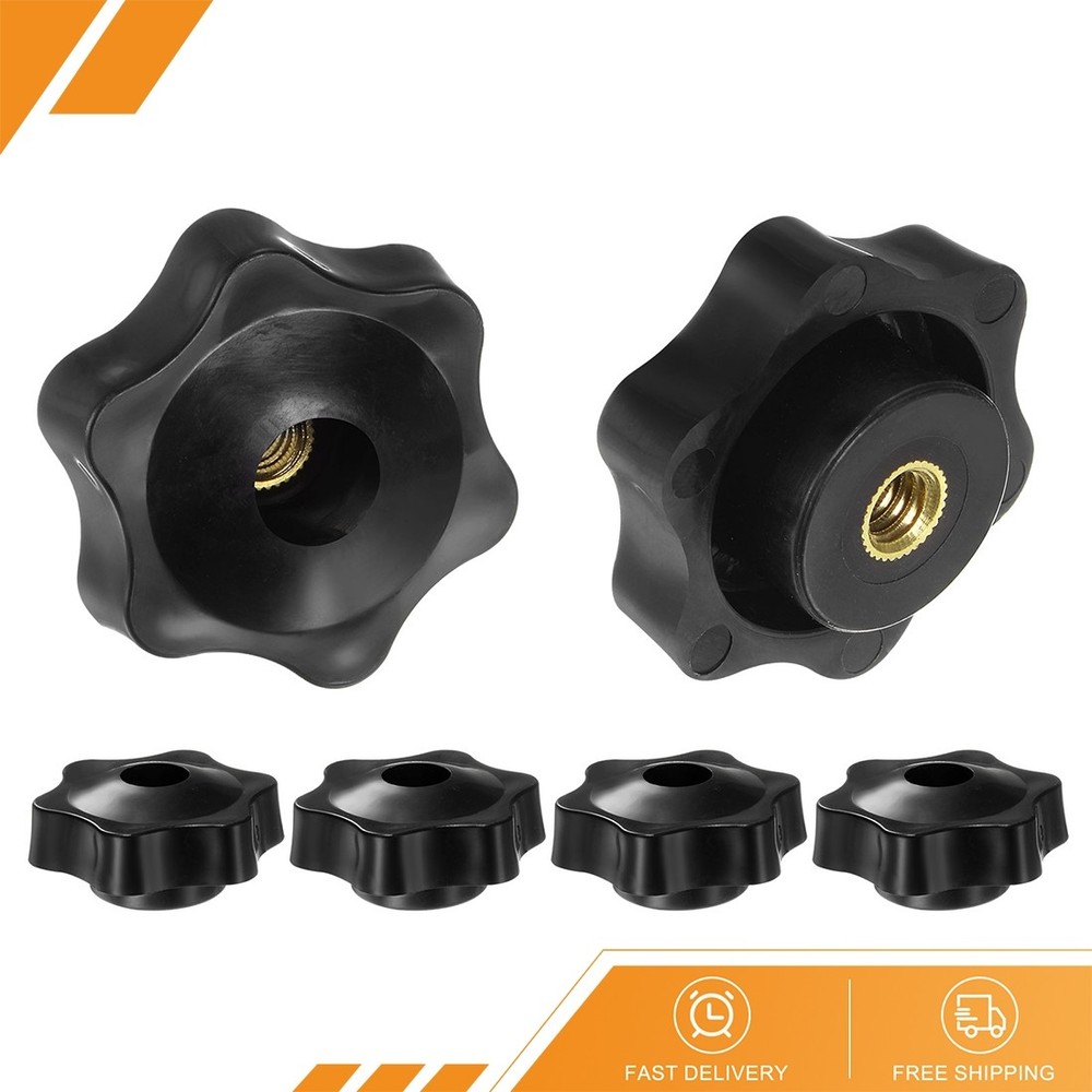 6pcs - Star Knobs 1/4-20 Thread 38mm Head Through Hole Brass Insert Knob Black